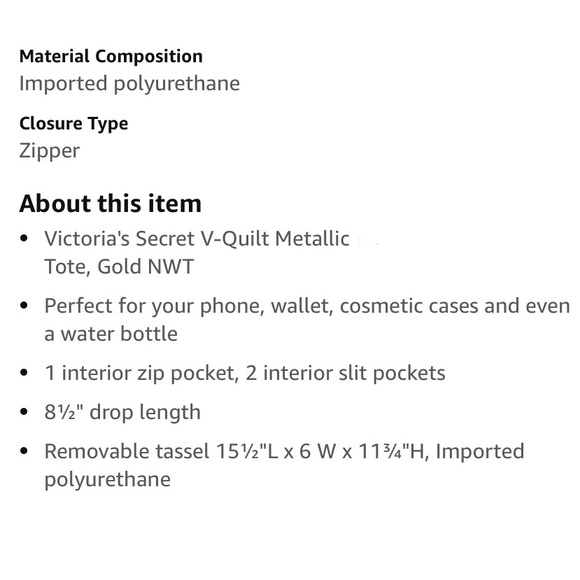 NWT VS Gold Metallic Quilted Chevron Tote Large Shoulder Bag w/Tassel - Picture 7 of 7